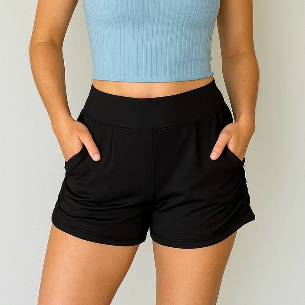 Baonmy Black Ruched Pleated Harem Palazzo Shorts Womens Size L
